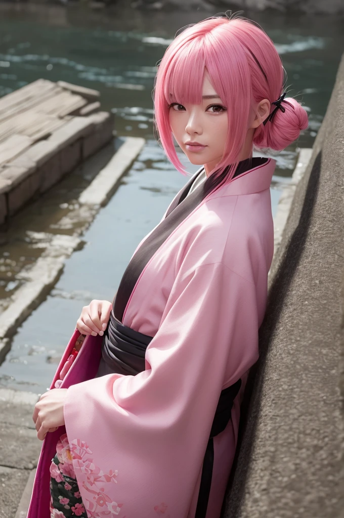 (((8k))), (((High resolution))),((Highest quality)),Momotaro,Pink Hair,kimono,muscle,Ultra-realistic,8k,Ultra-fine