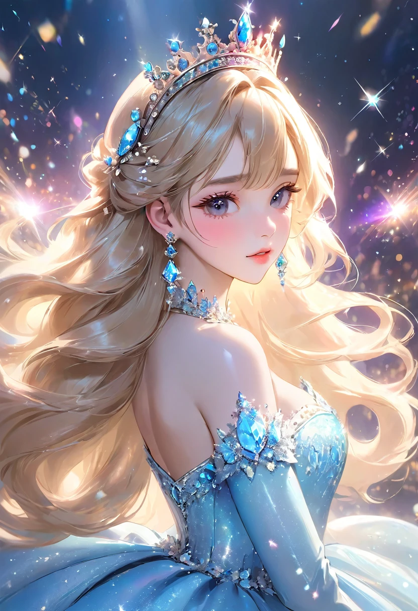 A beautiful girl with long blonde hair, a princess turning around, a tiara on her head, a perfect and complicated princess dress, earrings in her ears, Korean-style makeup, glitter eye makeup, long eyelashes, mature, pretty, older sister, masterpiece, perfect hand shape