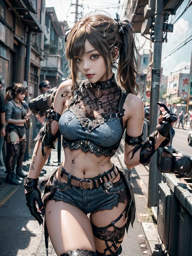 (Full Body View:1.2)、(Side view:1.1)、(Wearing a thong:1.4)、(Accentuate your butt:1.3)、(Smiling with teeth showing:1.3),(Shibuya Gal:1.5)、(Neo-goth style fashion:1.5)、(Punk RockVisual Kei:1.4)、(A high-leg bodysuit in a delicate design of denim, silver and black:1.5)、(Denim, black gloves and sailor shirt:1.5)、(Denim high heels:1.3)、(Wearing silver accessories:1.5)、(Denim collar:1.4)、(Black Leather Garter Belt:1.4)、(Brown Skin Belt:1.3)、(Black lace underwear:1.5)、20-year-old、NSFW、((Highest quality、In 8K、masterpiece:1.3))、Sharp focus:1.2、(Layered Cut、Huge boobs:1.1),Beautiful woman with perfect figure:1.4、(Dancing vigorously:1.3)、Slender Abs:1.2、Highly detailed face and skin texture、Detailed eyes、double eyelid,(Twin tails:1.3)、(Brown-golden hair:1.3)、Gravure idol、(The Caribbean cityscape in the background:1.3)、(Slim Body:1.3),(Make your legs thinner:1.4),（clavicle:1.1）