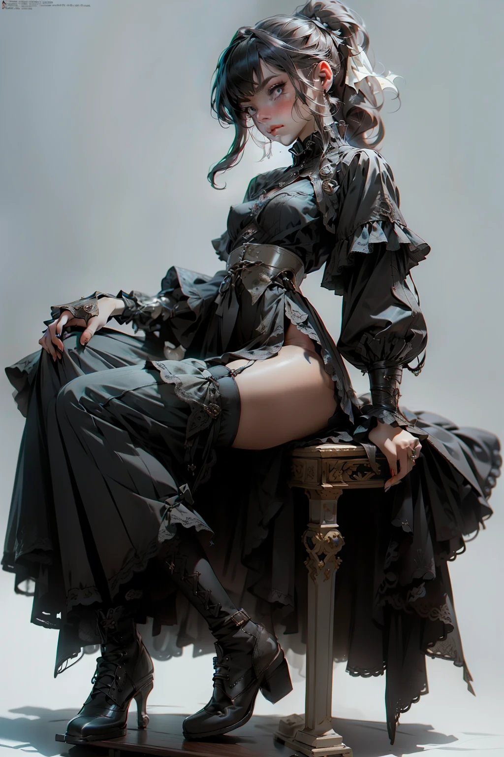 ((best quality)), ((masterpiece)), (detailed), blank white background, plain background, white background, red and white clothing, Bloodborne inspired, occult aesthetic, occult, detailed and intricate steampunk and detailed gothic, NSFW, Very dramatic and cinematic lighting, cosmic horror, grim-dark, side-lighting, perfect face, NSFW, Fluttering lace flared dress with frilly petticoats, pleated petticoats, ta dress, petticoats gothic lolicomplex lace boots, side-lighting, gothic lolita aetic, wielding a mighty sword with mechanical components, carbine, NSFW, beautiful small breasts, small breasts, full body, whole body, body, plain background, white background, blank background, no background, white background NSFW, full body, whole body, head-to-toe NSFW