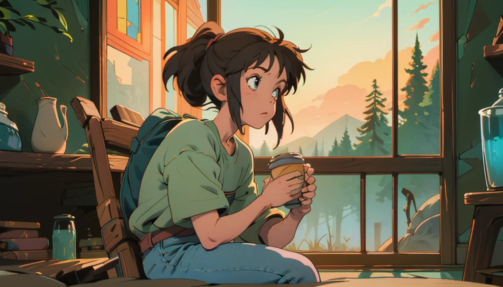 Create a cartoon, lofi style image of a teenager named João. He is 17 years old, has messy light brown hair and large, expressive green eyes. John wears a plaid flannel shirt over a basic t-shirt, distressed jeans, and hiking boots. He wears a colorful knitted hat and carries an aged leather backpack. His large, retro-style headphones are almost always hanging around his neck.
João lives in a cozy wooden cabin situated on the edge of a dense forest. The cabin has large windows that offer stunning views of nature. The interior of the cabin is decorated with rustic and comfortable furniture, with a fireplace, shelves full of books, vinyl records and potted plants. The cabin's porch has a rocking chair and small table.
In the image, João is sitting on the balcony, playing the guitar, with a calm and inspired expression. The view of the forest in the background is serene, with tall trees and dense foliage. The overall style of the image should be soft and welcoming, with warm, muted colors that convey a sense of calm and inspiration.