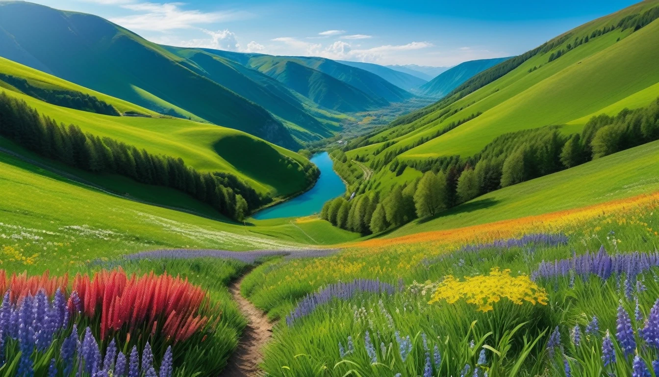 photo of a valley with many colorful flowers, surrounded by green hills, spring scene,first-person view, panorama, UHD,(Best Quality),(Masterpiece Photos), (Details:1.4),(8k Highly Detailed)(Best Quality),(Best Shading)