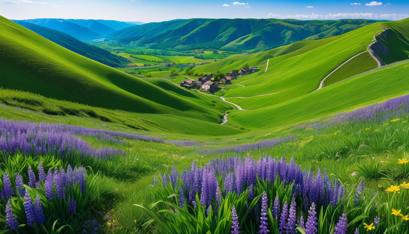 photo of a valley with many colorful flowers, surrounded by green hills, spring scene,first-person view, panorama, UHD,(Best Quality),(Masterpiece Photos), (Details:1.4),(8k Highly Detailed)(Best Quality),(Best Shading)