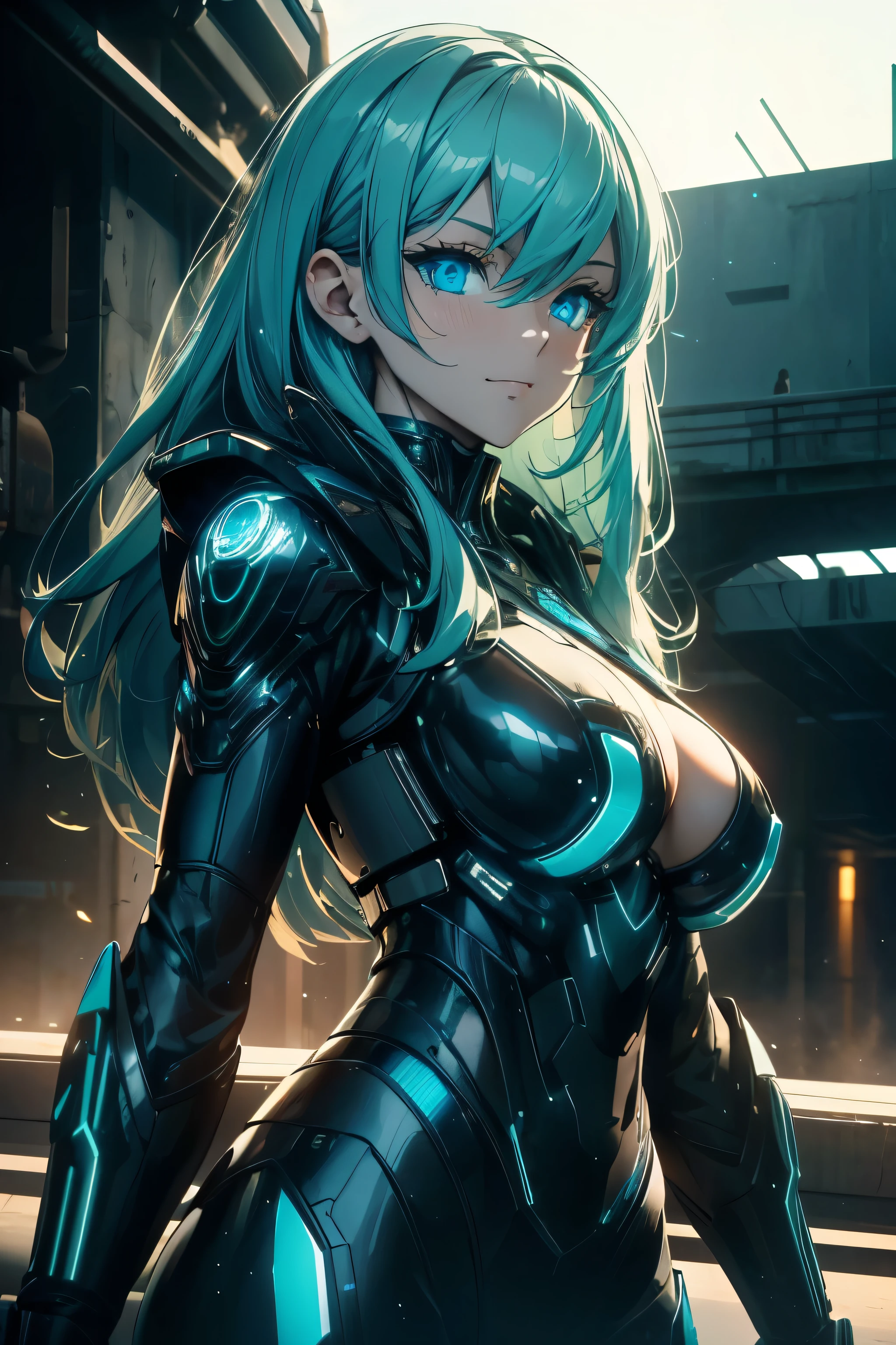 Hatsune Miku perches seductively astride a supine (male cyborg:1.2), her legs wrapped around his shiny metallic torso as she (gazes down:1.2) at him with an air of sultry confidence. The camera captures their intimate pose from a Dutch angle, emphasizing the curves of her cowgirl-inspired attire and the stark contrast between her flawless human form and the mechanized body beneath her. Soft, golden light bathes the scene, imbuing it with a (sensual atmosphere) that seems to vibrate with anticipation.