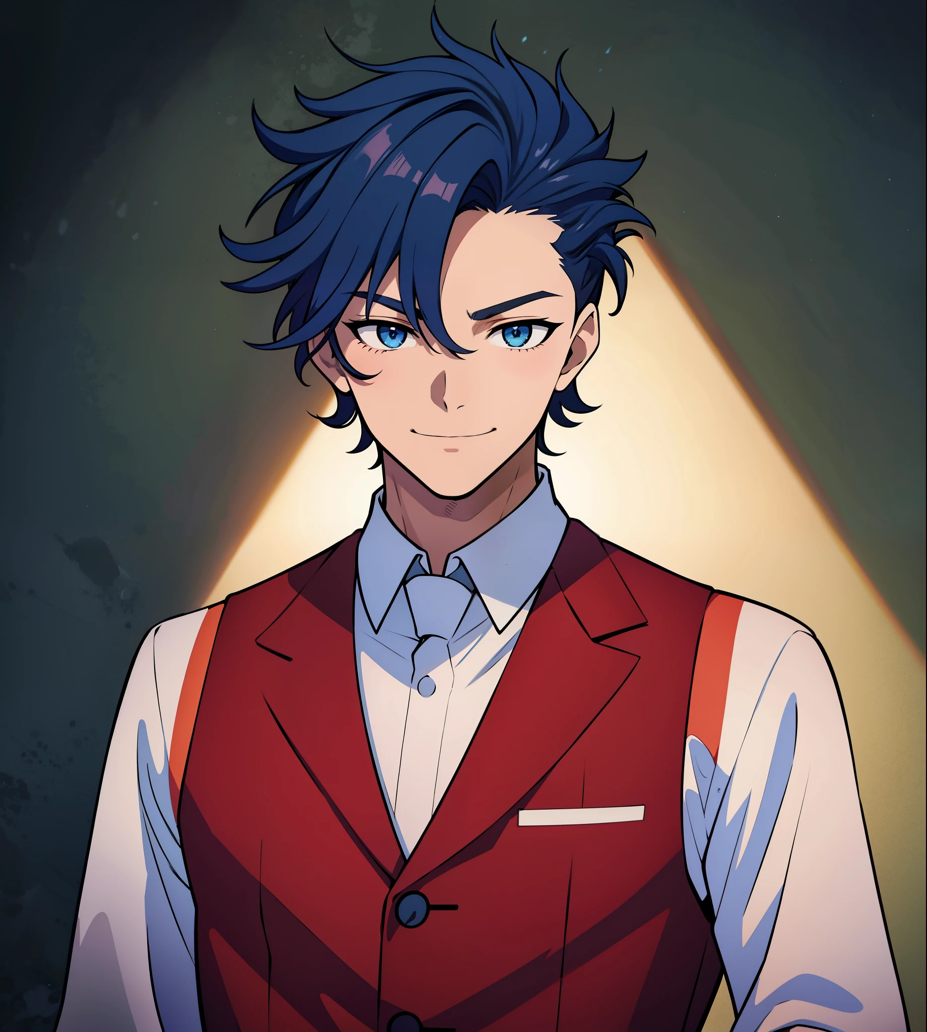 anime boy, bartender, happy expression, holding glass, smiling, dark blue hair, blue eyes, red clothes, white shirt, (beautiful and aesthetic:1. 5), thick black lineart, clean lineart, perfect lineart, moody lighting, gritty, intense, sharp lineart, best quality, high quality, best quality, ultra-detailed, saturated colours, HD,