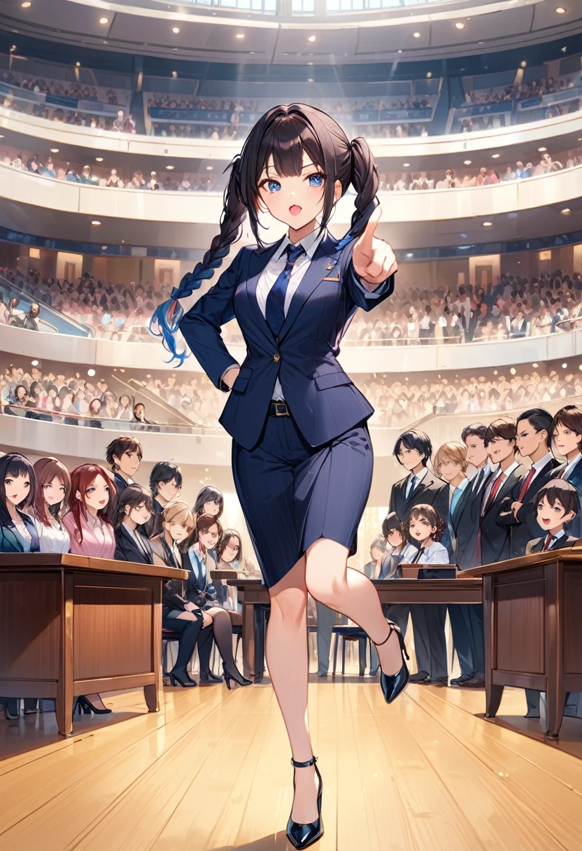Highest quality、High resolution、Detailed Background、Beautiful face in every detail、Anatomically correct、Detailed facial expressions、fine grain、((full body, ((side shot:1.3)), looking away:1.5)), break ((One Girl、Chibi Girl:1.3))、(lawyer)、Jet Black Hair、Big beautiful blue eyes、light makeup, Angry face、Open your mouth and shout、Fuller lips、Pink Lips、Braided twin tails、break (Luxury dark suit:1.3、Silk Shirt:1.3、tie、Black high heels)、break ((Stand on the desk:1.3))、(Standing on one leg:1.3)、((Stand up straight:1.3))、((Both hands pointing in the same horizontal direction:1.3)), (The background is the court、A lot of spectators),