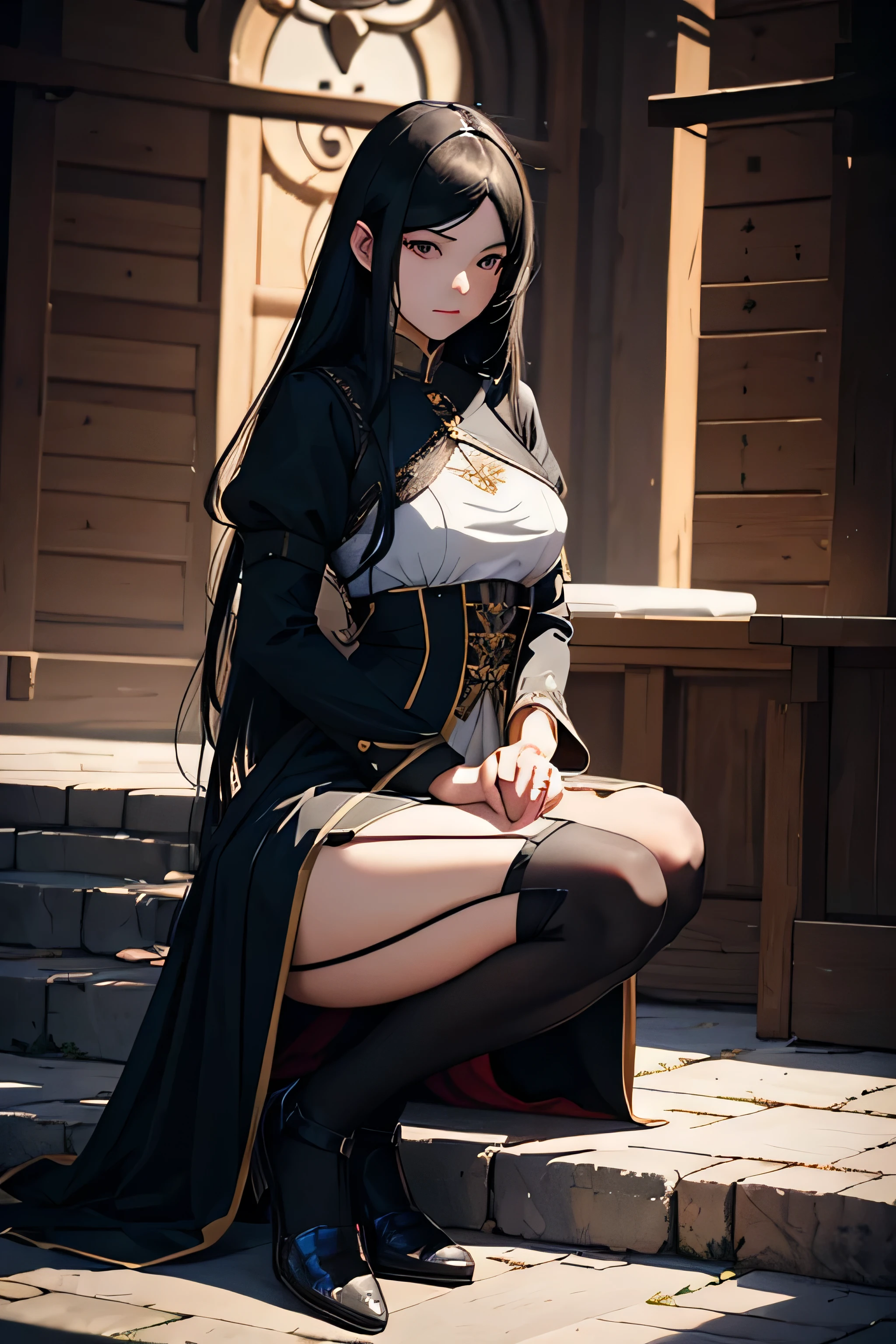 make an illustration of female servant lady, medieval time, traditional servant lady outfit, about 25 years old, long black hair, shy expression, full body, serving pose, full posture, high res, ultra sharp, 8K, masterpiece, looking at viewer, perfect finger and hand