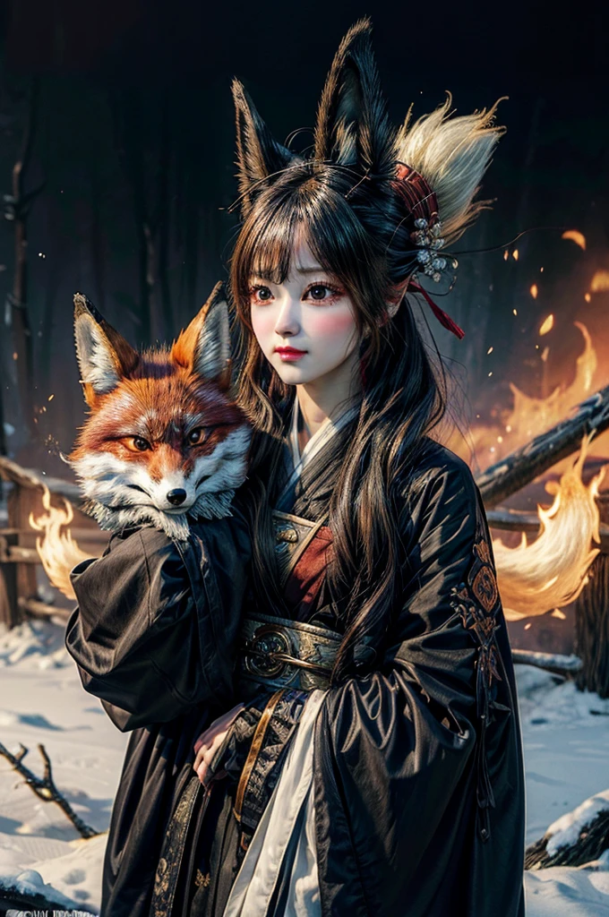 1girl,solo,, official art, unity 8k wallpaper, ultra detailed, beautiful and aesthetic, beautiful, masterpiece, best quality,, Kitsune witch, fox mask, haori jacket, foxfire spell, fox familiar, transformation,