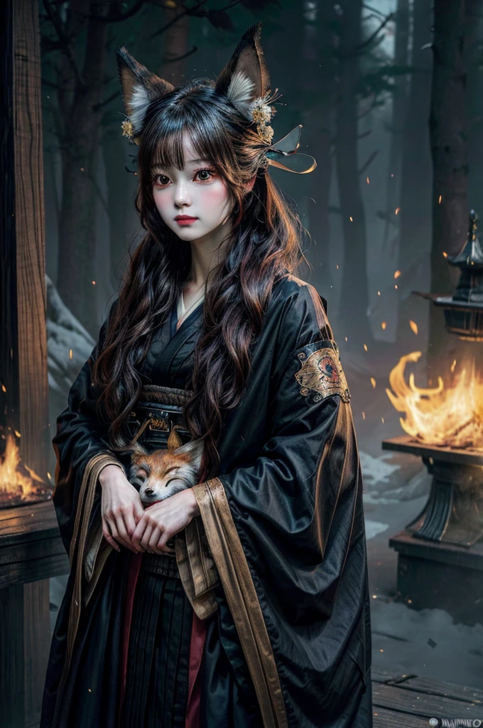 1girl,solo,, official art, unity 8k wallpaper, ultra detailed, beautiful and aesthetic, beautiful, masterpiece, best quality,, Kitsune witch, fox mask, haori jacket, foxfire spell, fox familiar, transformation,