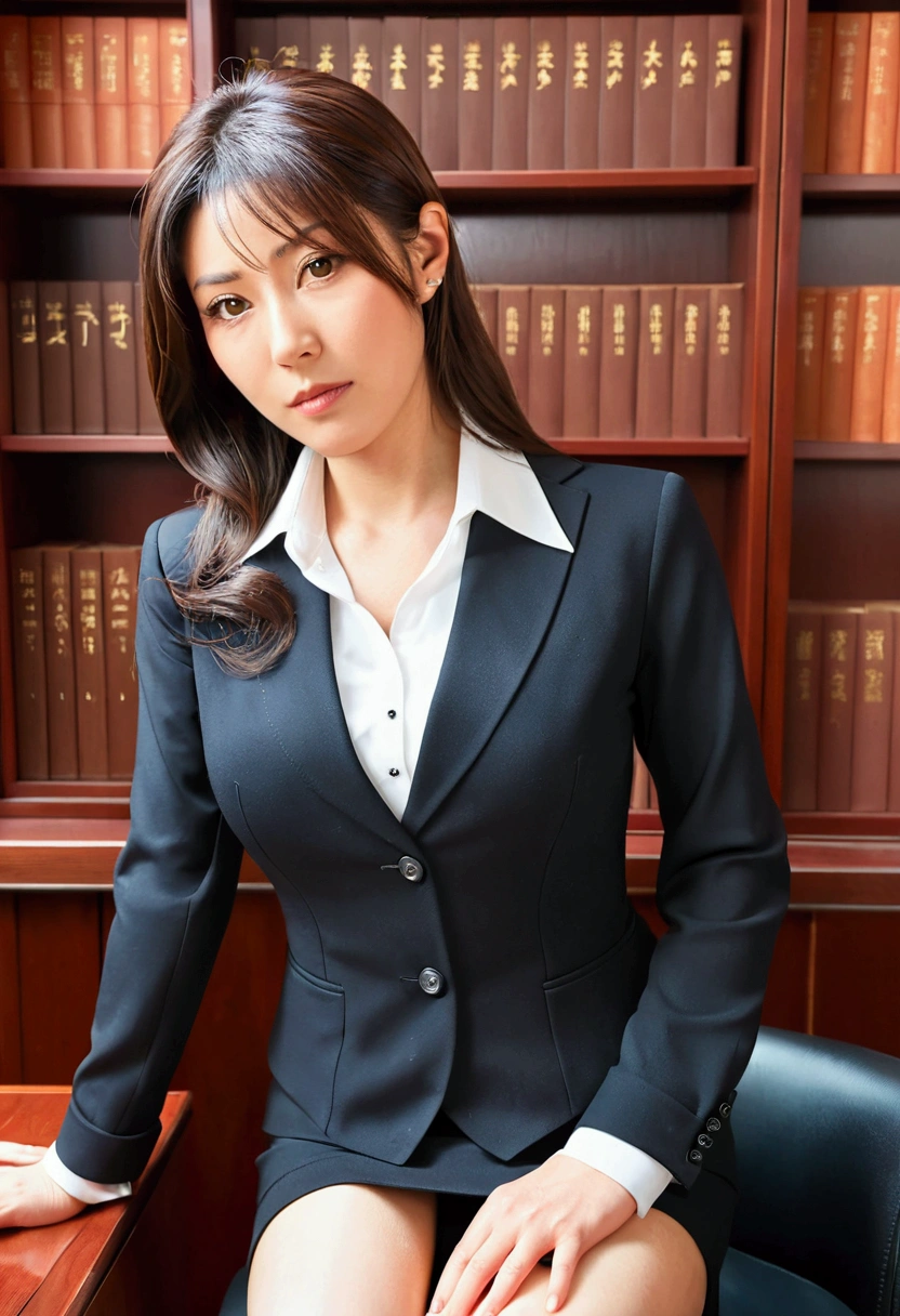 Japanese female lawyer, gigantic breasts, business suits, tight skirt, cleavage:-2, (buttoned shirts:1.3), Law Firm, she is sitting at a desk with a shelf full of law books behind her.