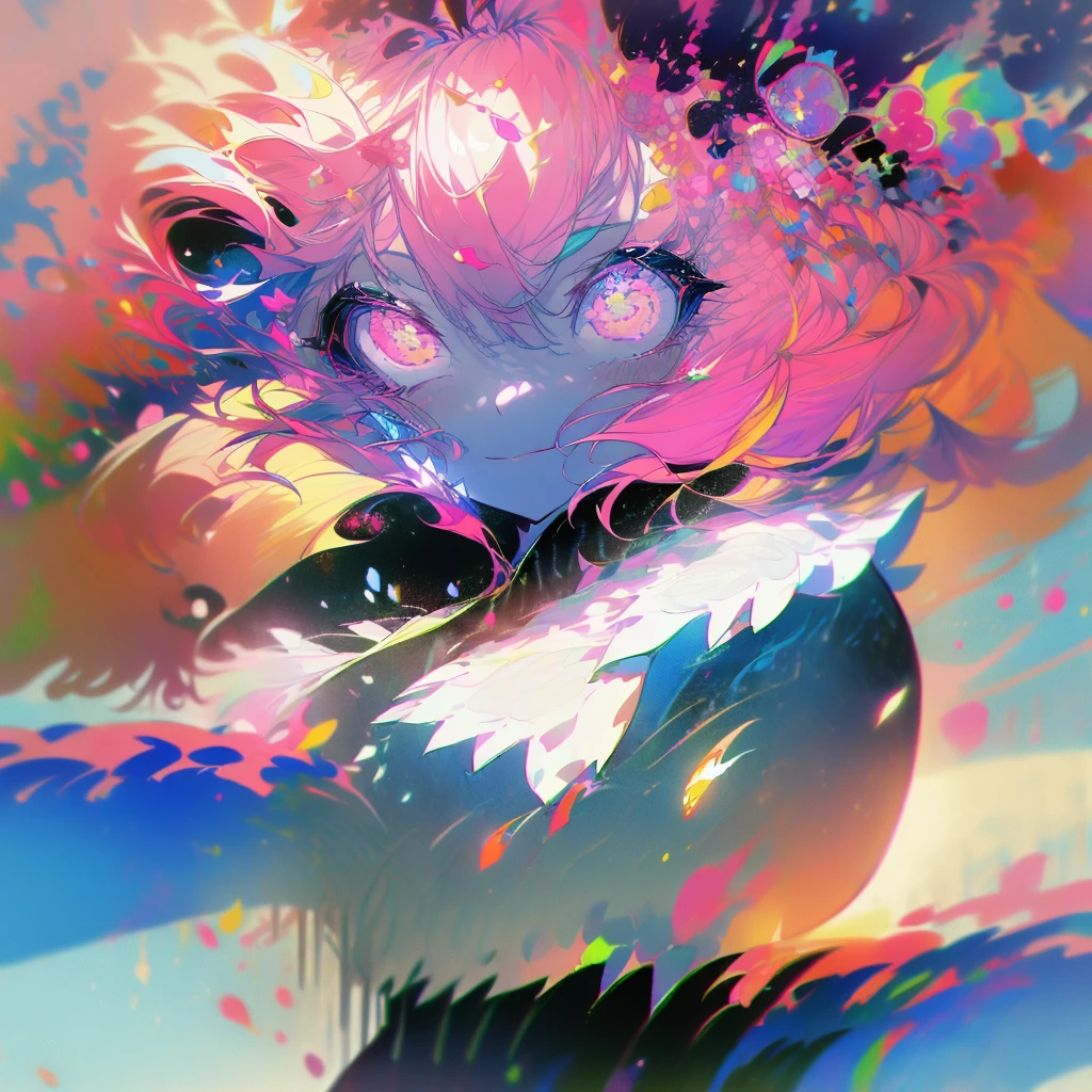 (1 Girl:1.3)、(Colorful Hair:1.2)、カラフルなflower柄の着物を着ている、(masterpiece, Highest quality,Beautiful fine details, Super detailed, :1.2), 8k wallpaper, Elaborate features, , Long Hair, Striped Hair,drum演奏、drum、flower、Note、Fantasy