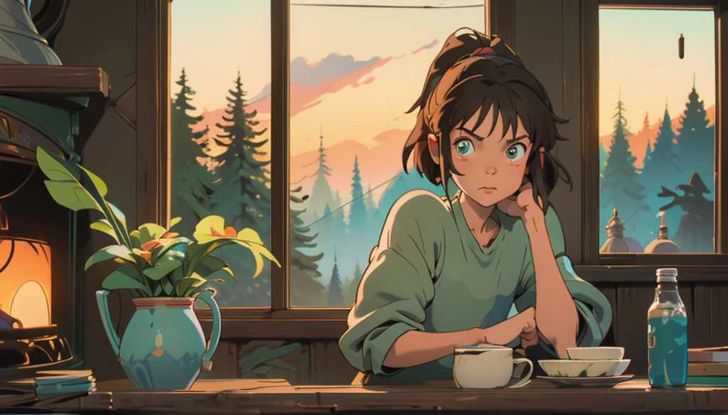 Create a cartoon, lofi style image of a teenager named João. He is 17 years old, has messy light brown hair and large, expressive green eyes. John wears a plaid flannel shirt over a basic t-shirt, distressed jeans, and hiking boots. He wears a colorful knitted hat and carries an aged leather backpack. His large, retro-style headphones are almost always hanging around his neck.

João lives in a cozy wooden cabin situated on the edge of a dense forest. The cabin has large windows that offer stunning views of nature. The interior of the cabin is decorated with rustic and comfortable furniture, with a fireplace, shelves full of books, vinyl records and potted plants. The cabin's porch has a rocking chair and small table.

In the image, João is sitting on the balcony, playing the guitar, with a calm and inspired expression. The view of the forest in the background is serene, with tall trees and dense foliage. The overall style of the image should be soft and welcoming, with warm, muted colors that convey a sense of calm and inspiration.