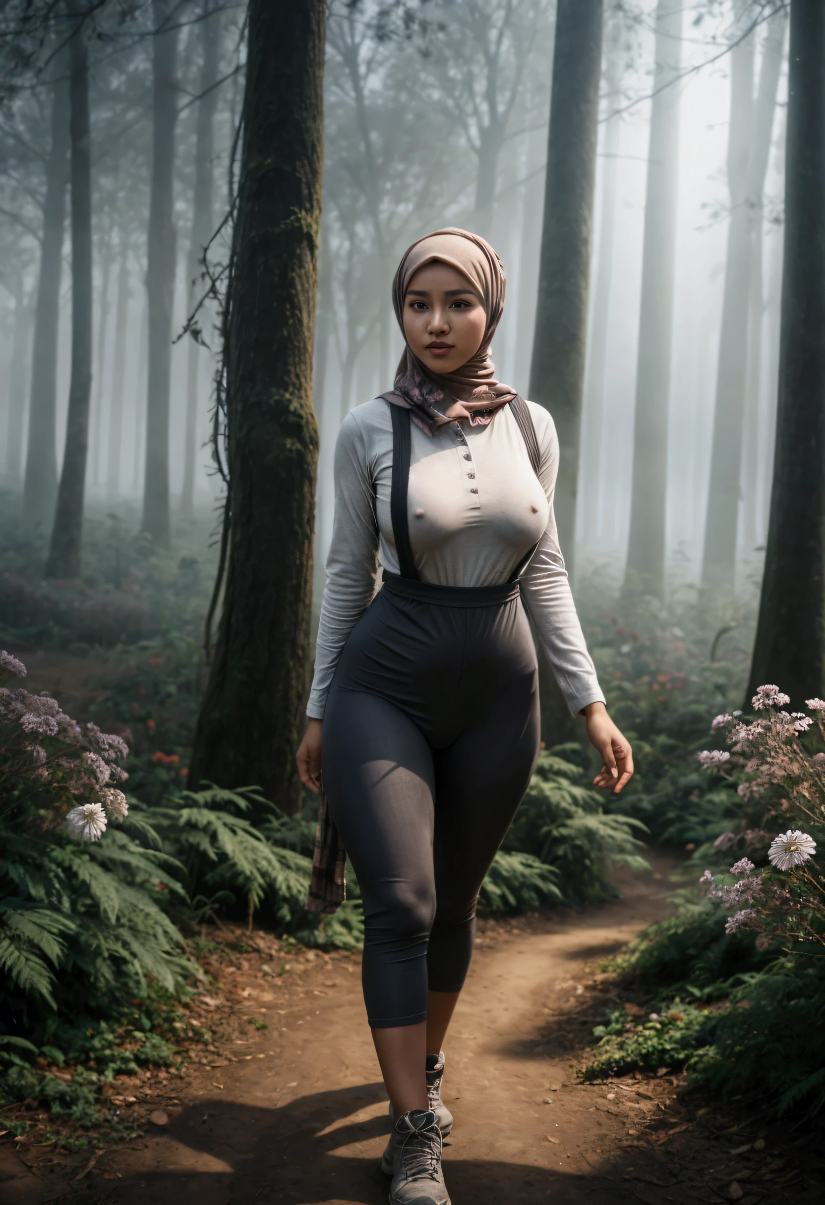 full-body portrait photograph of a young java woman hijab with polo Cap, wearing pinafore with shirt, hotpant with leggings, oversized_breasts.", she is hiking, beautiful_breasts. sensual body, in a unique, photoshot model, ((In front of flowers in the misty forest)), pullover, highres, 4k, HDR, 1girl, photorealistic, realistic, big booobs, turning away facial at viewer, closeup