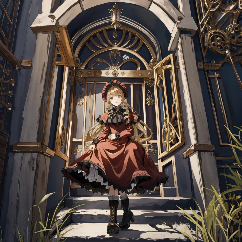 A woman wearing a dress and boots is standing in front of a building, Baroque Dress, Detailed steampunk dress, Elegant Gothic Princess, Victorian Gothic ****ta Fashion, 歴史的なBaroque Dressダーク, Black Gothic ****ta Dress, Fantasy style clothing, Rococo Dress, Black Rococo, Classic witch, Fantasy Costume, wearing a Gothic Dress, romantic dress, Gothic Dress, sit, Spread your legs, Looking from directly below, Drawers, underwear