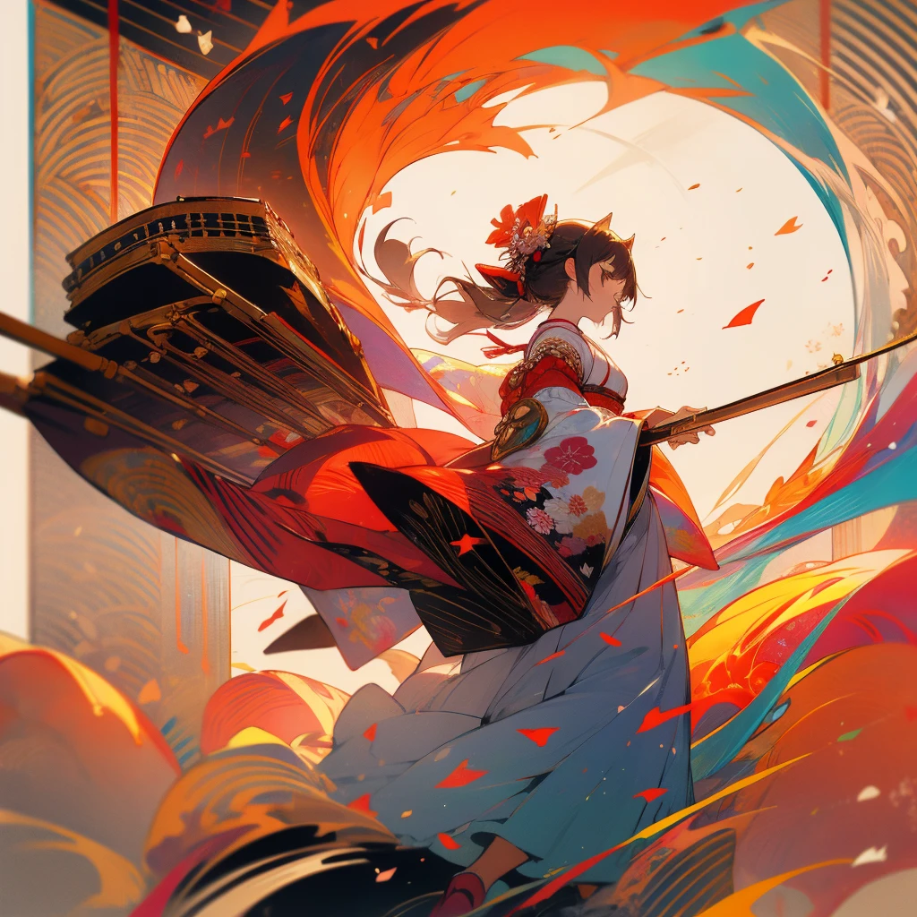 Japanese clothing、Drum playing、woman、Fantasy、Musical notes dancing、flower、