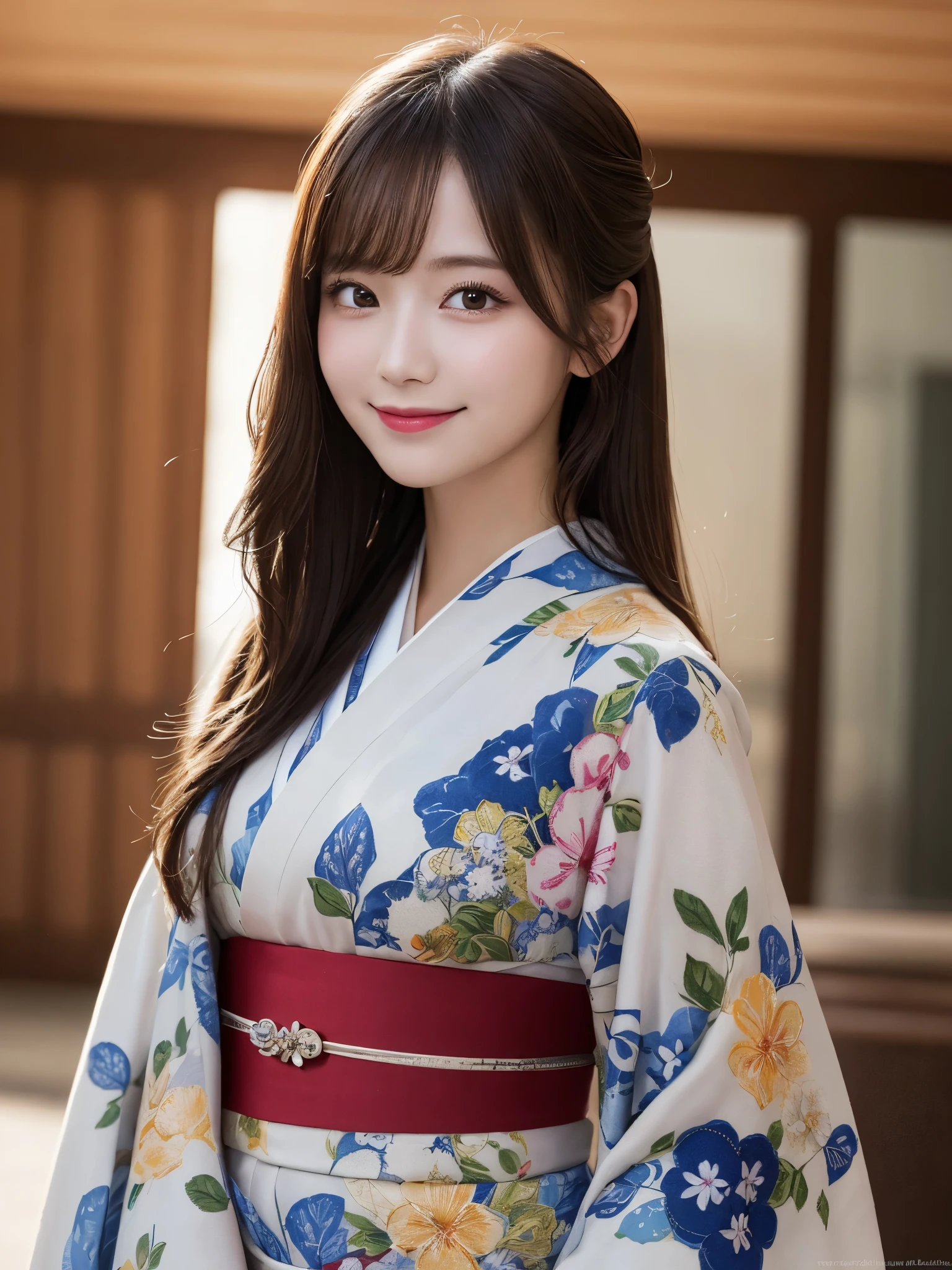 masterpiece, best quality, illustration, ultra-detailed, finely detailed, high resolution, 8K wallpaper, perfect dynamic composition, beautiful detailed eyes, kimono, long hair, elegant expression, cute, smile, looking at camera