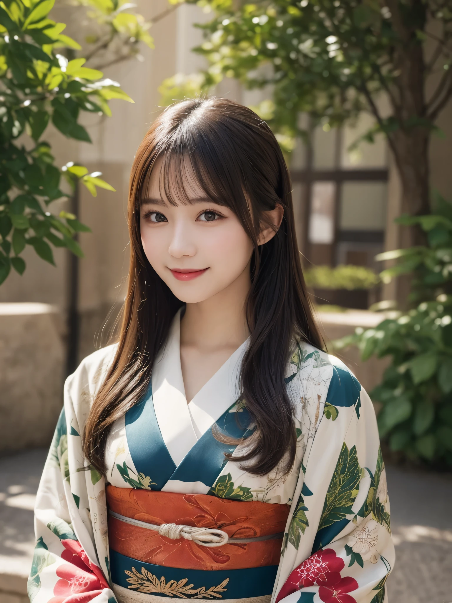 masterpiece, best quality, illustration, ultra-detailed, finely detailed, high resolution, 8K wallpaper, perfect dynamic composition, beautiful detailed eyes, kimono, long hair, elegant expression, cute, smile, looking at camera