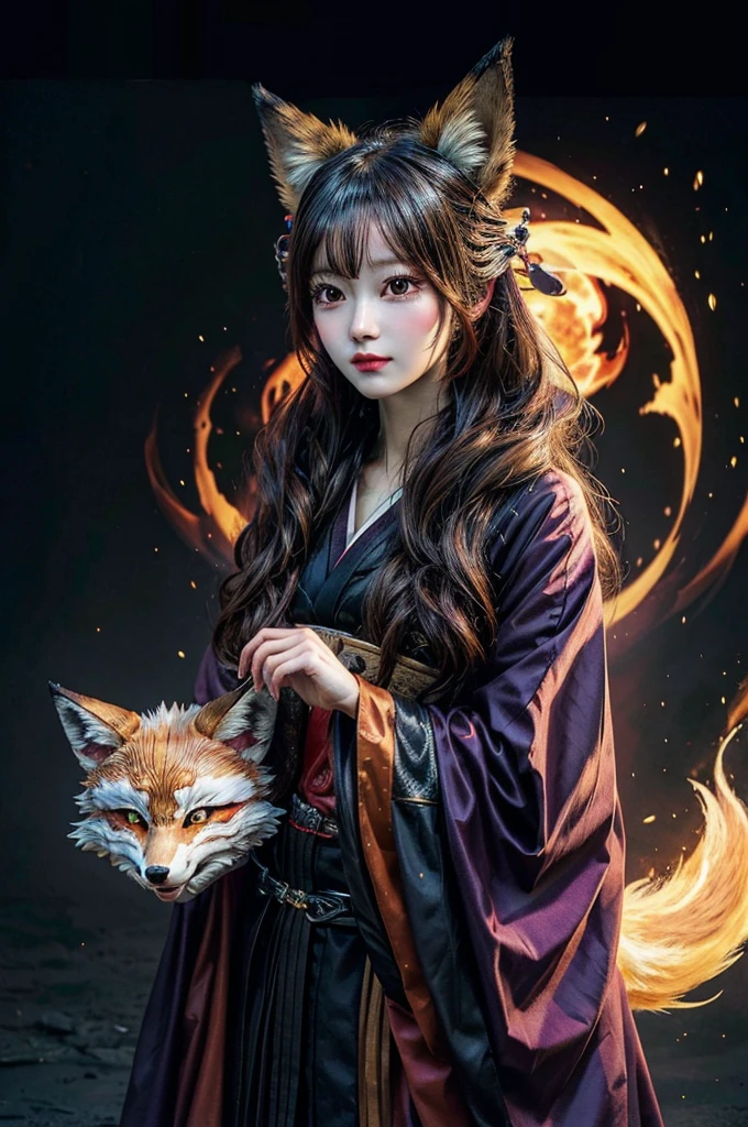 1girl,solo,, official art, unity 8k wallpaper, ultra detailed, beautiful and aesthetic, beautiful, masterpiece, best quality,, Kitsune witch, fox mask, haori jacket, foxfire spell, fox familiar, transformation,