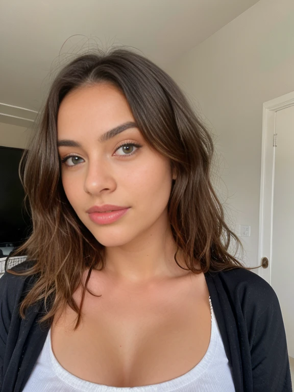 Pretty beautiful spanish brunette dressed, Low cut, very detailed, 18 ans, visage innocent, naturally wavy hair, yeux verts, high resolution, Boss of'ouvrages d'art, best quality, intricate details, very detailed, mise au point nette, detailed skin, texture de peau realistic, texture, detailed eyes, professionnel, 4K, charming smile, prise avec Canon, 85 millimeters, slight depth of field, kodak vision color, corps parfaitement ajusté, extremely detailed, Photograph_\(ultra\), photographiquerealistic, realistic, Post-traitement, maximum details, roughness, real life, ultrarealistic, photorealism, photographie, 8k uh, photographie
