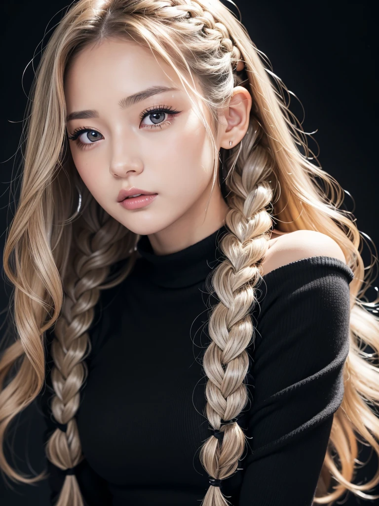 anime, face, Braided curly blonde hair, Iris, Long Hair, black&Silver off-shoulder、Black background, faceのクローズアップ、masterpiece、Highest quality、Ultra high definition、High resolution、笑faceで、faceのクローズアップ,