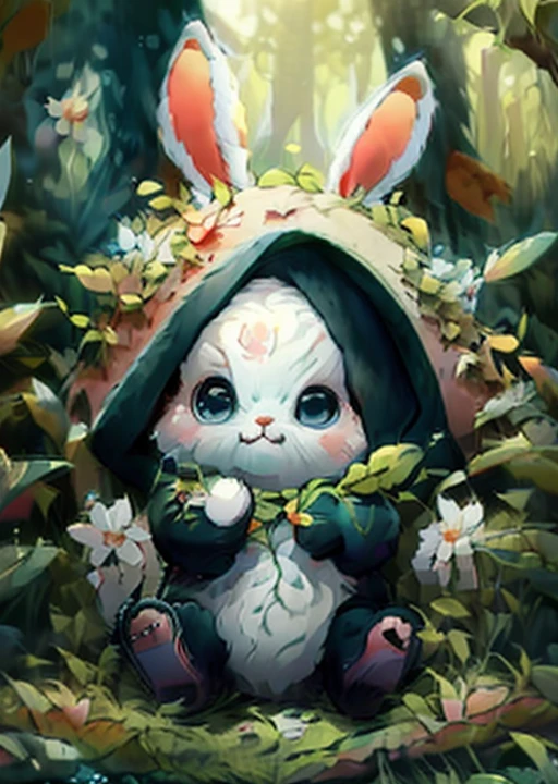 best quality,masterpiece,Fluffy,Bunny. Blue scarf,big eyes,lawn,forest,paw pose,chibi,