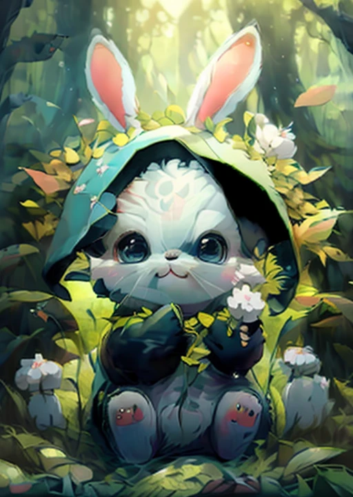 best quality,masterpiece,Fluffy,Bunny. Blue scarf,big eyes,lawn,forest,paw pose,chibi,