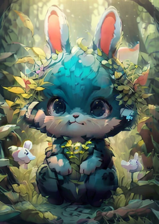 best quality,masterpiece,Fluffy,Bunny. Blue scarf,big eyes,lawn,forest,paw pose,chibi,