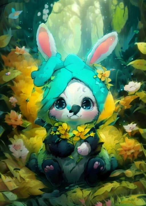 best quality,masterpiece,Fluffy,Bunny. Blue scarf,big eyes,lawn,forest,paw pose,chibi,