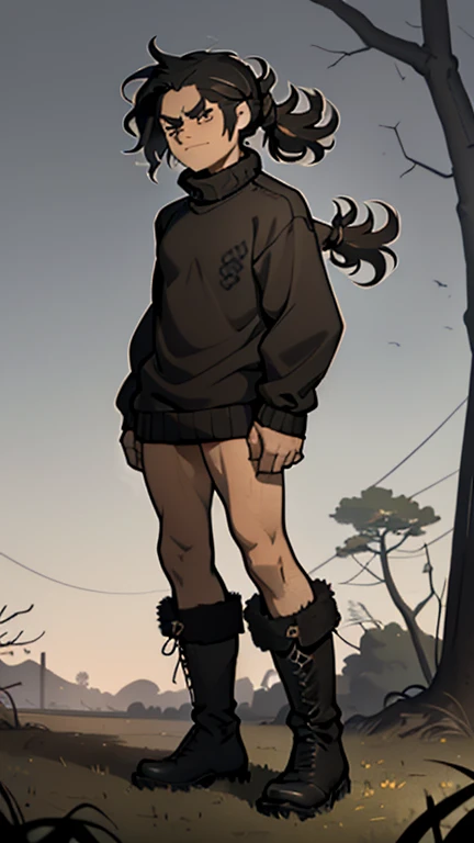 (detailed), (((normal guy))), (Arabic characteristics), ((brown sheepskin jacket)), ((pelo negro rizado ponytail hairstyle)), ((ponytail hairstyle)), (calm face), ((by the width)), ((black high boots)), (((whole body))), ((in the middle of a field leaning on a tree), ((male)), (black turtleneck sweater), ((only one person)), (at night)