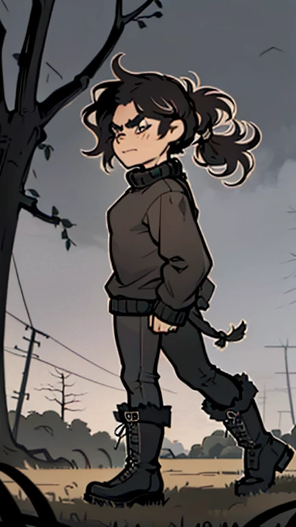 (detailed), (((normal guy))), (Arabic characteristics), ((brown sheepskin jacket)), ((pelo negro rizado ponytail hairstyle)), ((ponytail hairstyle)), (calm face), ((by the width)), ((black high boots)), (((whole body))), ((in the middle of a field leaning on a tree), ((male)), (black turtleneck sweater), ((only one person)), (at night)