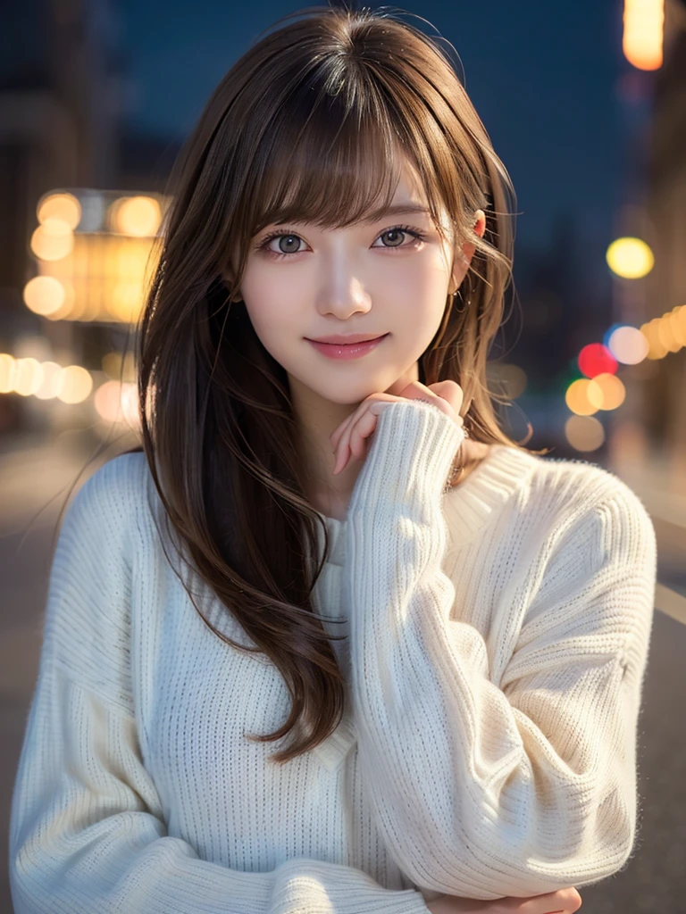 One Girl,(White sweater:1.4),(Fur trim,:1.2), (RAW Photos, Highest quality), (Realistic, Photorealistic:1.4), Tabletop, Very delicate and beautiful, Very detailed, 8k wallpaper, wonderful, In detail, Highly detailed CG unification, High resolution, Soft Light, Beautiful and detailed 19 year old girl, Very detailed目と顔, Beautifully detailed nose, Beautiful attention to detail,Cinema Lighting,City lights at night,Perfect Anatomy,Slender body,smile  (My hair is messy, Asymmetrical bangs, Light brown hair,)