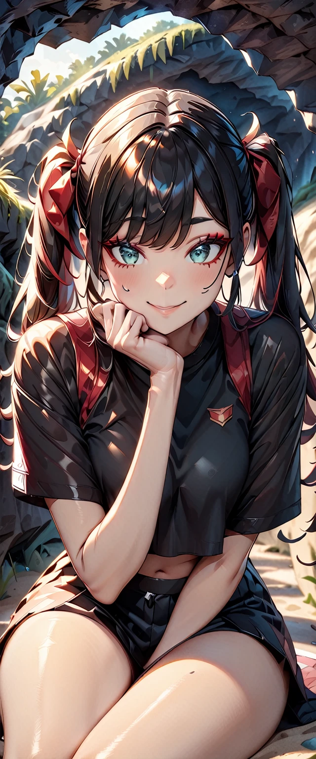 Photo of a girl with natural skin, ((Baby Face)), Smiling, ((Sitting, Leaning forward, Cheek resting on hand)), From the side, Round face, A girl wearing mainly black and red, ((Upper Body)), Beach cave, The light is shining in, High Twintails, Black hair with red mesh, Sharp eyes with red eyeshadow, Blue-green eyes, Shining eyes, A thin, upturned nose, Well-shaped lips, ((crop top overhang, Short sleeve, Black clothes, Thighs, Glamour body)), Makeup, Exquisitely crafted with the utmost attention to detail, Vibrant, amazing, Smooth, Cinematic, 4K, Backlight, (()), Shallow depth of field, ((Detailed eyes:1.3, Detailed lips:1.3, high quality, )), masterpiece, Super detailed images, High quality