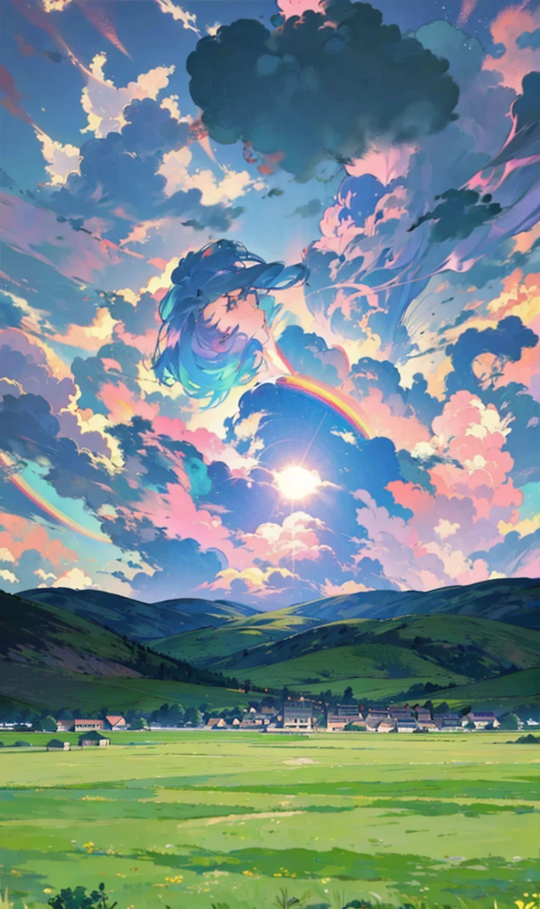 A makoto shinkai style background of a village with rainbow color cloud
