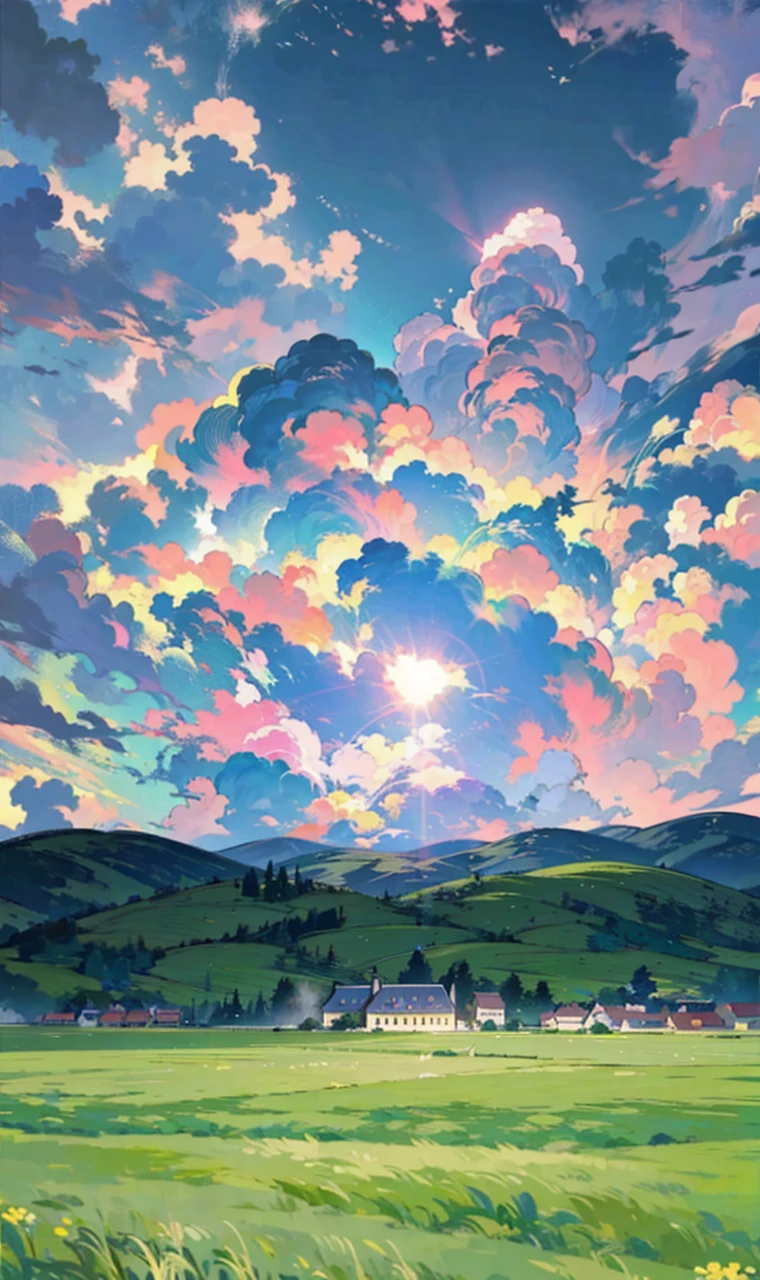 A makoto shinkai style background of a village with rainbow color cloud