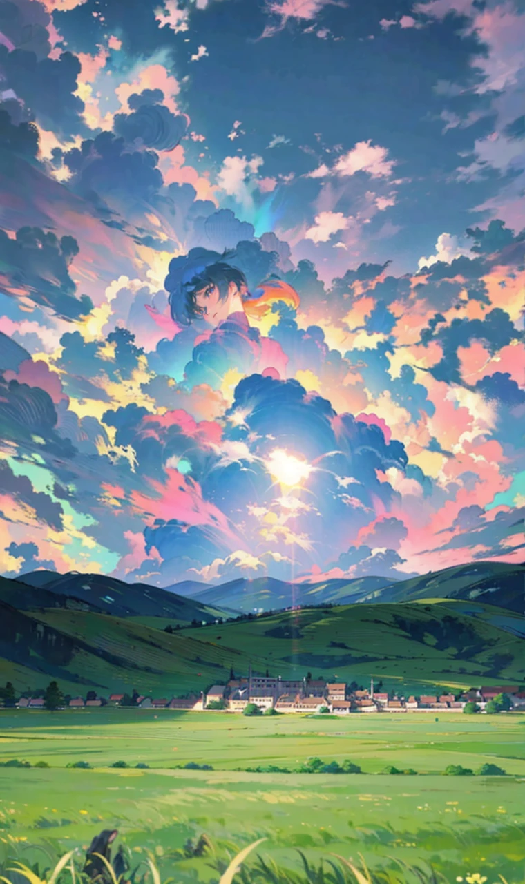 A makoto shinkai style background of a village with rainbow color cloud
