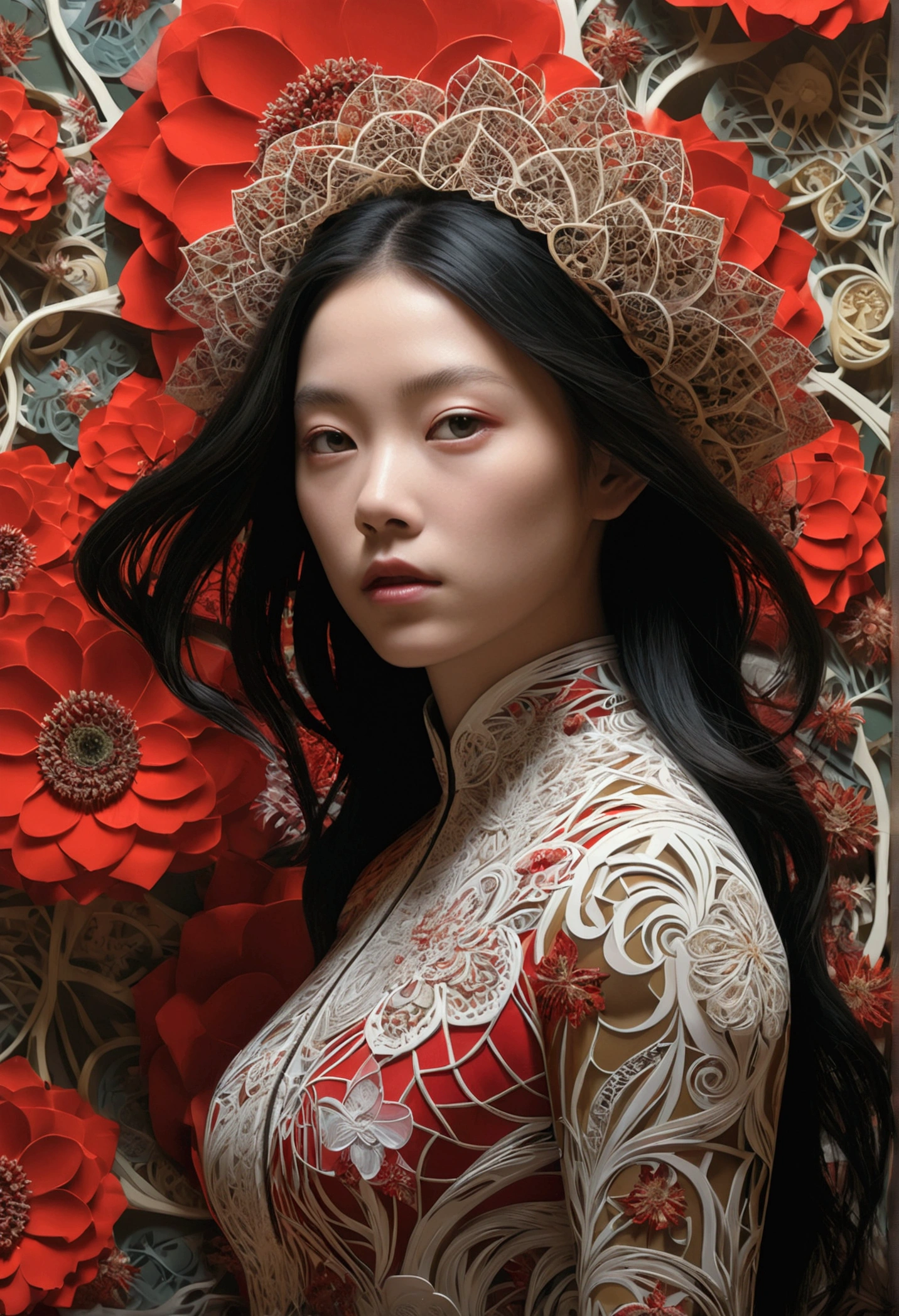 Official Art, unity 8k wallpaper, Super detailed, beautifully、aesthetic, masterpiece, Highest quality, (zenTangle, Mandala, Tangle, enTangle), (Fractal Art:1.3) , One girl, Red flower, Very detailed, Dynamic Angle, Cowboy Shot, The most beautiful form of chaos, elegant, Brutalist design, Vibrant colors, Romanticism, James Jean, Robbie Dowie Anton, Ross Tran, Francis Bacon, It was freezing cold, Adrian's genius, Petra Cortright, Gerhard Richter, takato yamamoto, Ashley Wood, Atmospheric optical illusion