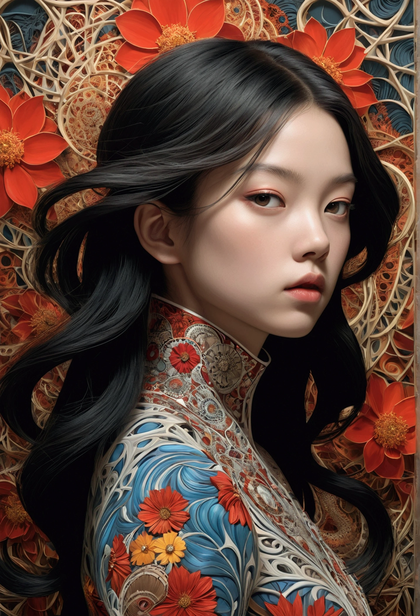 Official Art, unity 8k wallpaper, Super detailed, beautifully、aesthetic, masterpiece, Highest quality, (zenTangle, Mandala, Tangle, enTangle), (Fractal Art:1.3) , One girl, Red flower, Very detailed, Dynamic Angle, Cowboy Shot, The most beautiful form of chaos, elegant, Brutalist design, Vibrant colors, Romanticism, James Jean, Robbie Dowie Anton, Ross Tran, Francis Bacon, It was freezing cold, Adrian's genius, Petra Cortright, Gerhard Richter, takato yamamoto, Ashley Wood, Atmospheric optical illusion