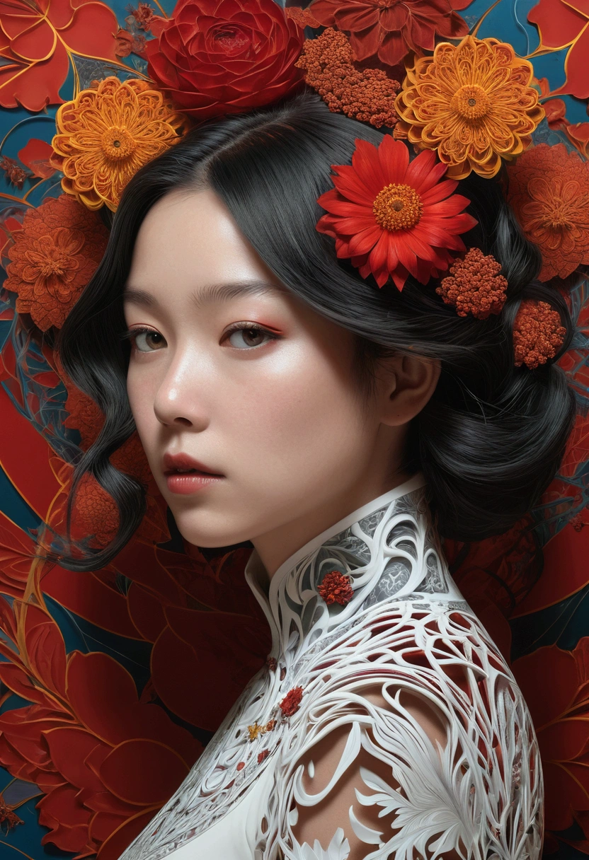 Official Art, unity 8k wallpaper, Super detailed, beautifully、aesthetic, masterpiece, Highest quality, (zenTangle, Mandala, Tangle, enTangle), (Fractal Art:1.3) , One girl, Red flower, Very detailed, Dynamic Angle, Cowboy Shot, The most beautiful form of chaos, elegant, Brutalist design, Vibrant colors, Romanticism, James Jean, Robbie Dowie Anton, Ross Tran, Francis Bacon, It was freezing cold, Adrian&#39;s genius, Petra Cortright, Gerhard Richter, takato yamamoto, Ashley Wood, Atmospheric optical illusion