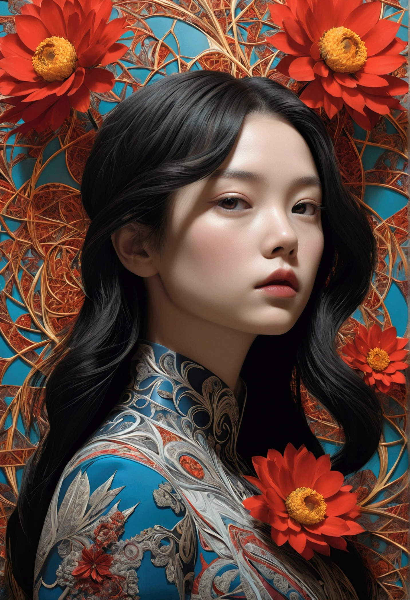 Official Art, unity 8k wallpaper, Super detailed, beautifully、aesthetic, masterpiece, Highest quality, (zenTangle, Mandala, Tangle, enTangle), (Fractal Art:1.3) , One girl, Red flower, Very detailed, Dynamic Angle, Cowboy Shot, The most beautiful form of chaos, elegant, Brutalist design, Vibrant colors, Romanticism, James Jean, Robbie Dowie Anton, Ross Tran, Francis Bacon, It was freezing cold, Adrian's genius, Petra Cortright, Gerhard Richter, takato yamamoto, Ashley Wood, Atmospheric optical illusion