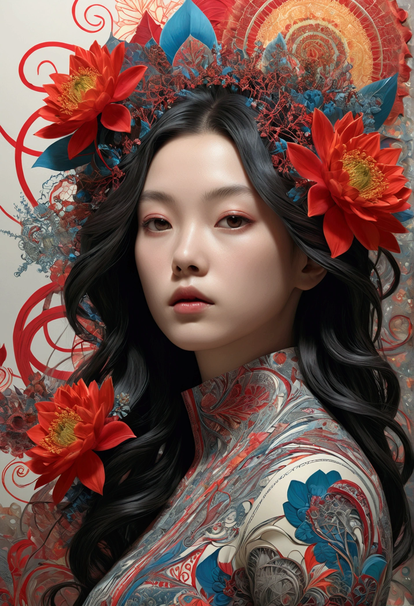 Official Art, unity 8k wallpaper, Super detailed, beautifully、aesthetic, masterpiece, Highest quality, (zenTangle, Mandala, Tangle, enTangle), (Fractal Art:1.3) , One girl, Red flower, Very detailed, Dynamic Angle, Cowboy Shot, The most beautiful form of chaos, elegant, Brutalist design, Vibrant colors, Romanticism, James Jean, Robbie Dowie Anton, Ross Tran, Francis Bacon, It was freezing cold, Adrian's genius, Petra Cortright, Gerhard Richter, takato yamamoto, Ashley Wood, Atmospheric optical illusion