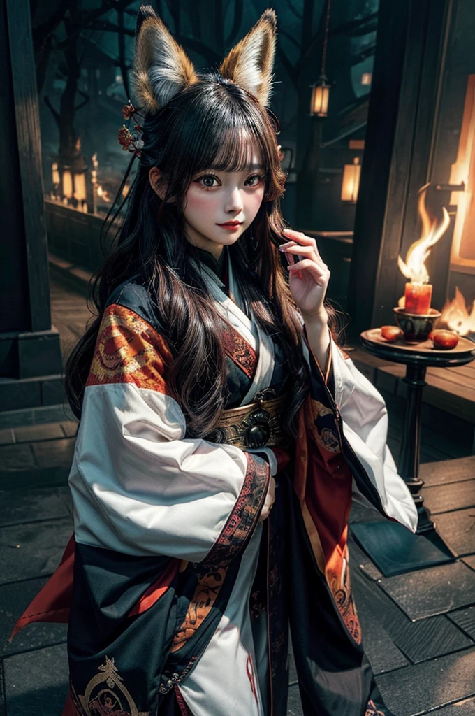 1girl,solo,, official art, unity 8k wallpaper, ultra detailed, beautiful and aesthetic, beautiful, masterpiece, best quality,, Kitsune witch, fox mask, haori jacket, foxfire spell, fox familiar, transformation,