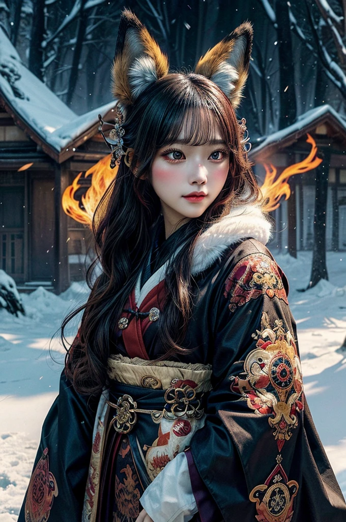 1girl,solo,, official art, unity 8k wallpaper, ultra detailed, beautiful and aesthetic, beautiful, masterpiece, best quality,, Kitsune witch, fox mask, haori jacket, foxfire spell, fox familiar, transformation,
