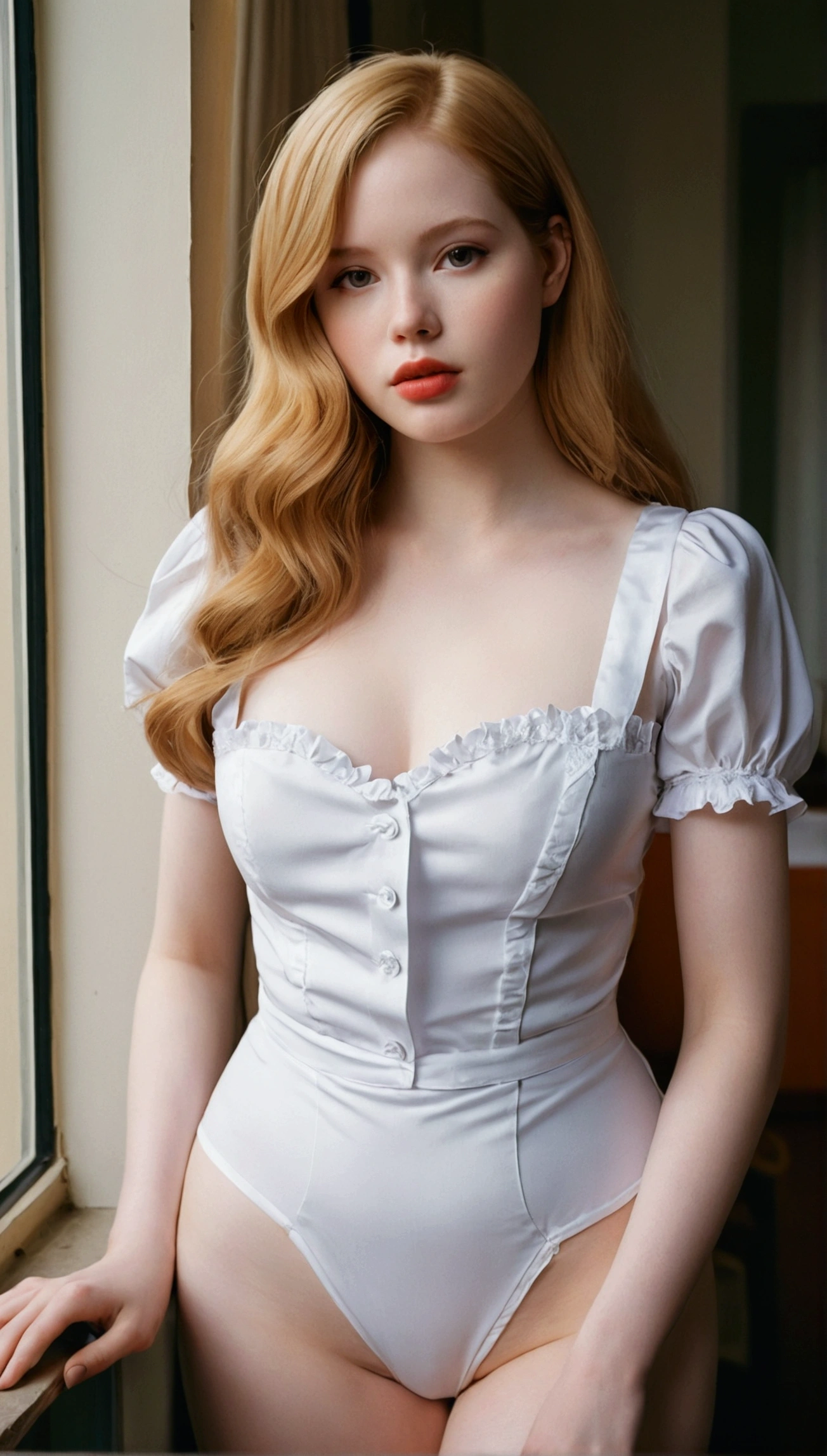 A raw, unedited photograph, taken with a low-quality cell phone camera, a candid photo of a maid cosplay, 23-year-old woman, look like as Ellie bamber, Wearing a sexy maidsuit.With striking features, beautiful full lips, shy look, youthful appearance, light brown long hair, (honey-colored eyes), bare legs, bathed in warm natural light. The delicate curves of her body are portrayed faithfully, you can see her delicate body in detail. She is sitting near the balcony of her apartment, the style resembles a boudoir shoot. Agfa 4 0 0 color film, adjusted composition, beautiful framing lifestyle photography, candid, realistic, epic realism,l1vvydunne,SergeyProkudinGorsky