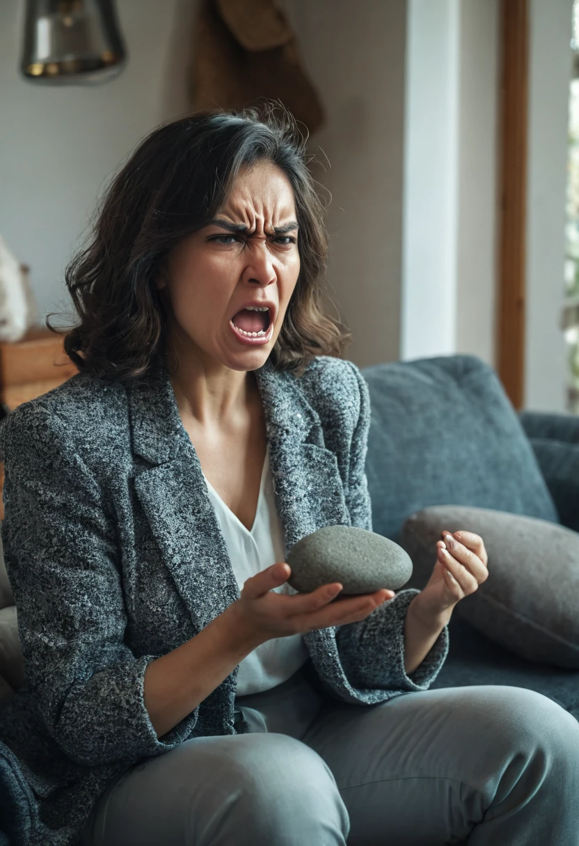 create an image with a woman with an angry expression, with a stone in her hand, sitting on a sofa in the living room of a house.