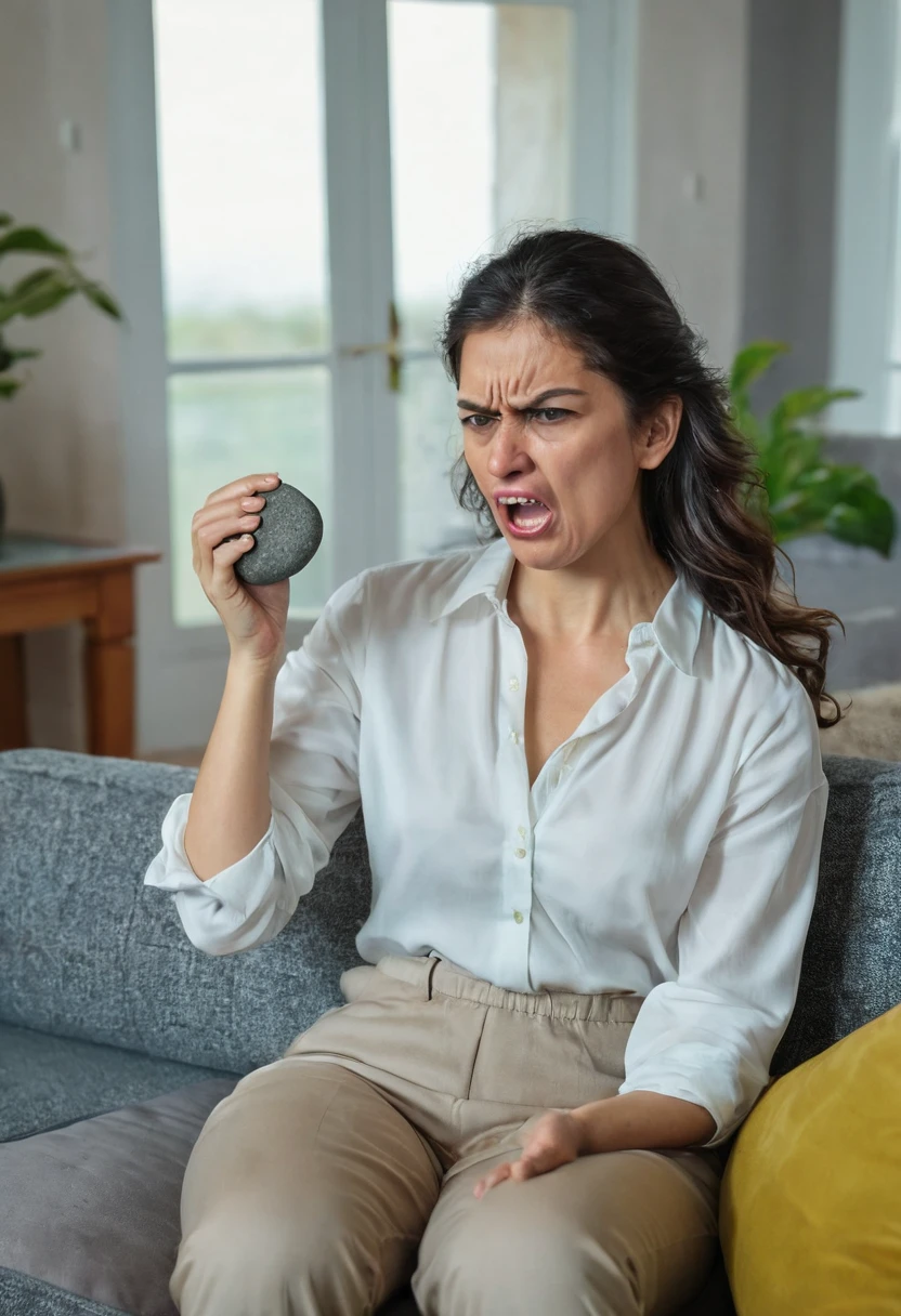create an image with a woman with an angry expression, with a stone in her hand, sitting on a sofa in the living room of a house.