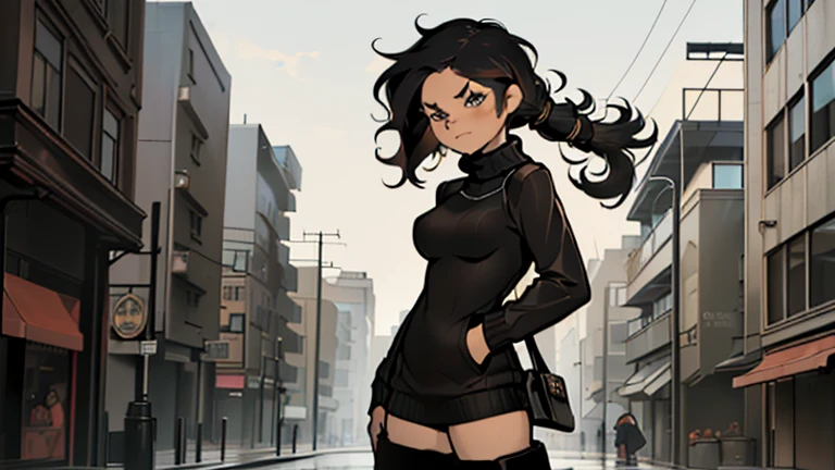 (detailed), (((normal girl))), (Arabic characteristics), ((brown sheepskin jacket)), ((pelo negro rizado free hair)), ((free hair)), (calm face), ((by the width)), ((black high boots)), (((whole body))), ((in the middle of the city leaning on a building), ((woman)), (black turtleneck sweater), ((only one person)), (at midday)