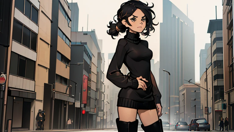 (detailed), (((normal girl))), (Arabic characteristics), ((brown sheepskin jacket)), ((pelo negro rizado free hair)), ((free hair)), (calm face), ((by the width)), ((black high boots)), (((whole body))), ((in the middle of the city leaning on a building), ((woman)), (black turtleneck sweater), ((only one person)), (at midday)