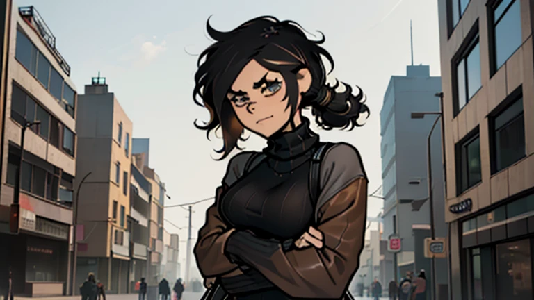 (detailed), (((normal girl))), (Arabic characteristics), ((brown sheepskin jacket)), ((pelo negro rizado free hair)), ((free hair)), (calm face), ((by the width)), ((black high boots)), (((whole body))), ((in the middle of the city leaning on a building), ((woman)), (black turtleneck sweater), ((only one person)), (at midday)