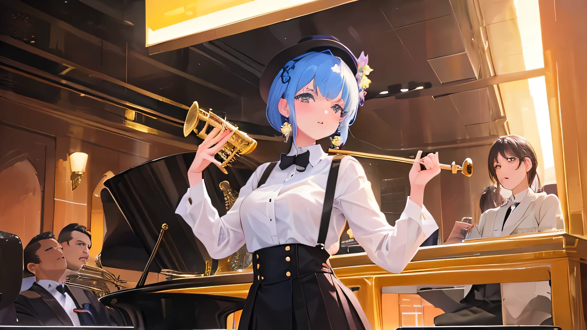 Beautiful girl watching a jazz band，Stylish formal wear，high resolution，high quality，８K quality，Beautiful in every detail，
