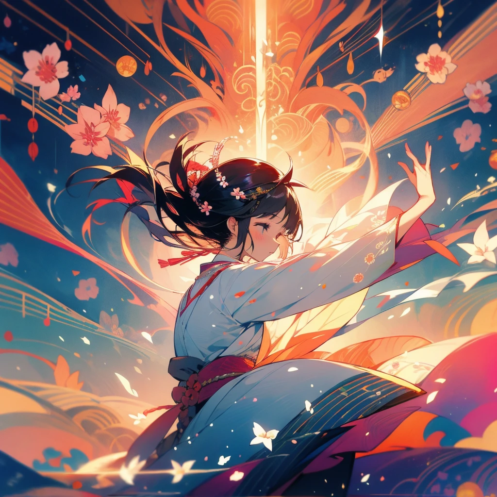 Japanese clothing、Performance、woman、Fantasy、Musical notes dancing、flower、